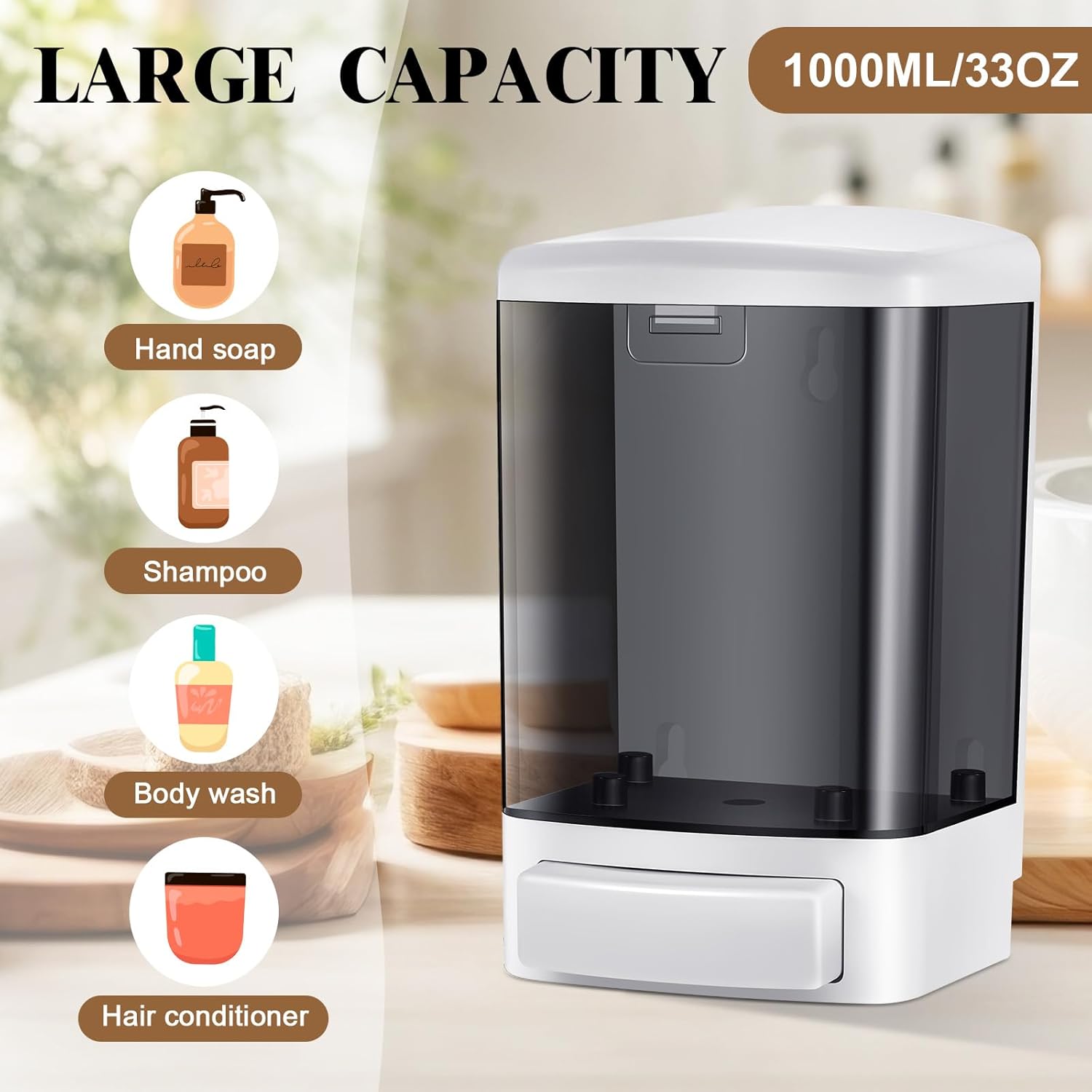 Hushee Wall Manual Soap Dispenser 33. 8oz/1000ml Plastic Refillable Hand Soap Dispenser Household Commercial for Liquid Containers Kitchen Hotel Restaurant Bathroom Shower Shampoo Gel(Black) - Image 5
