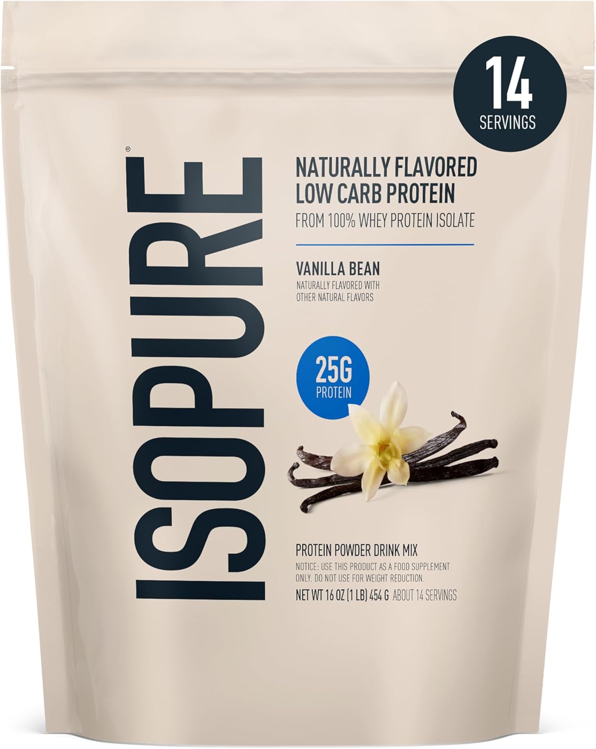 Isopure Low Carb 100% Pure Whey Isolate Protein Powder, Lactose Free, Gluten Free, With Vitamins, Vanilla Bean, 25g Protein Per Serving, 1 Lb, 14 Servings (Packaging May Vary)