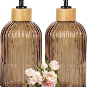 Amber Glass Soap Dispenser with Pump, 2 Pack 13.5oz Vertical Stripe Design Hand Soap Dispenser for Hand Wash, Dish Wash, Elegant Dispenser for Bathroom and Kitchen