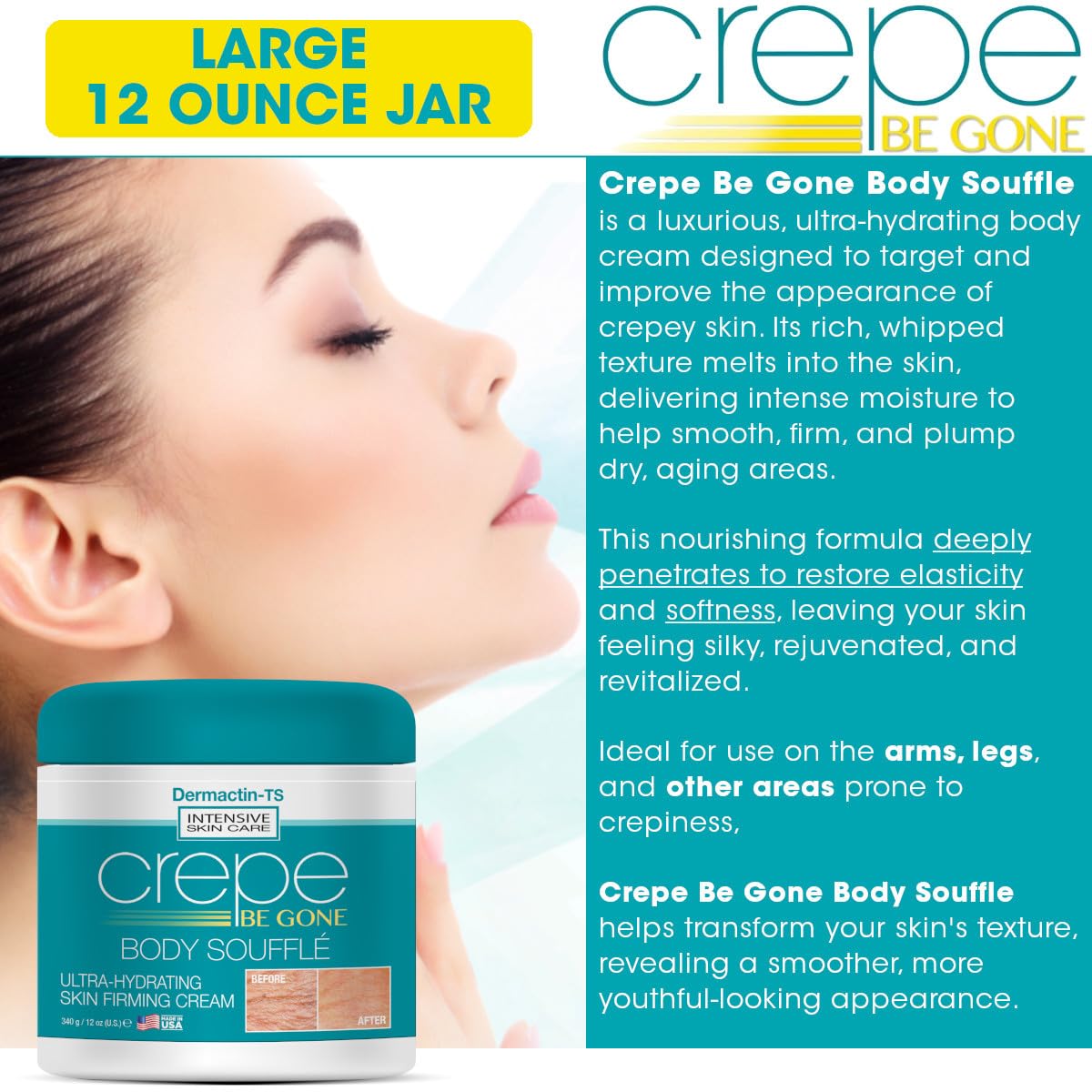 Crepe Be Gone Body Souffle Classic - Large 12 ounce - Ultra Hydrating Crepe Skin Firming Cream for Neck,Chest, Arms & Legs - Image 5