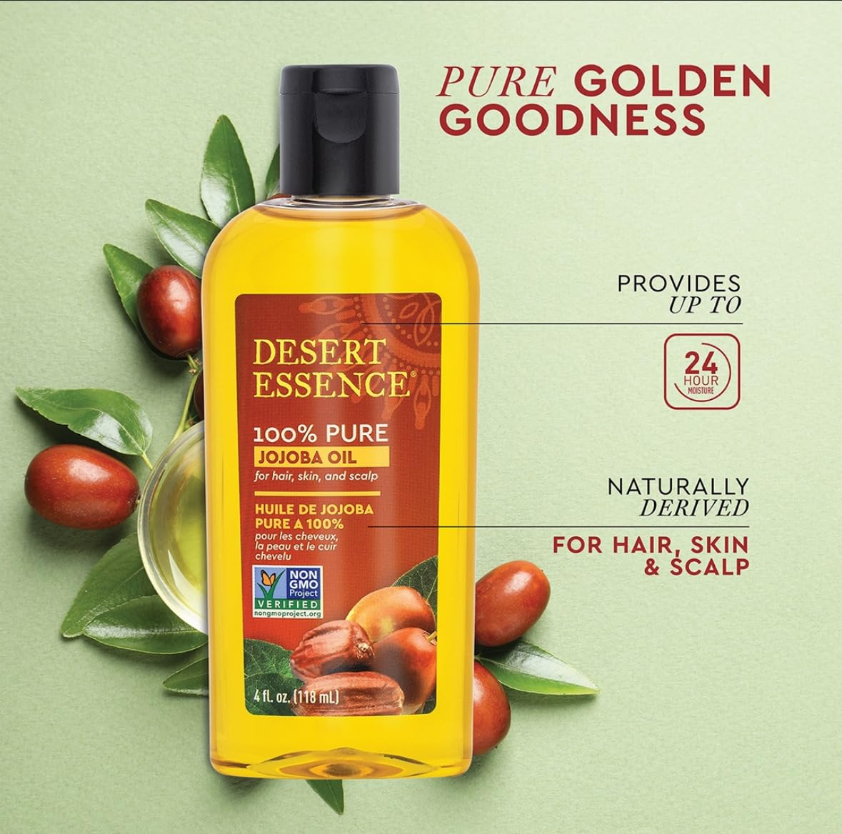 Desert Essence 100% Pure Jojoba Oil – 4 Fl Oz Moisturizer for Hair, Skin & Scalp | Makeup Remover & Aftershave Hydrator, Non-GMO, Vegan, Cold-Pressed, Anti-Flakiness & Non-Clogging Beauty Elixir - Image 2