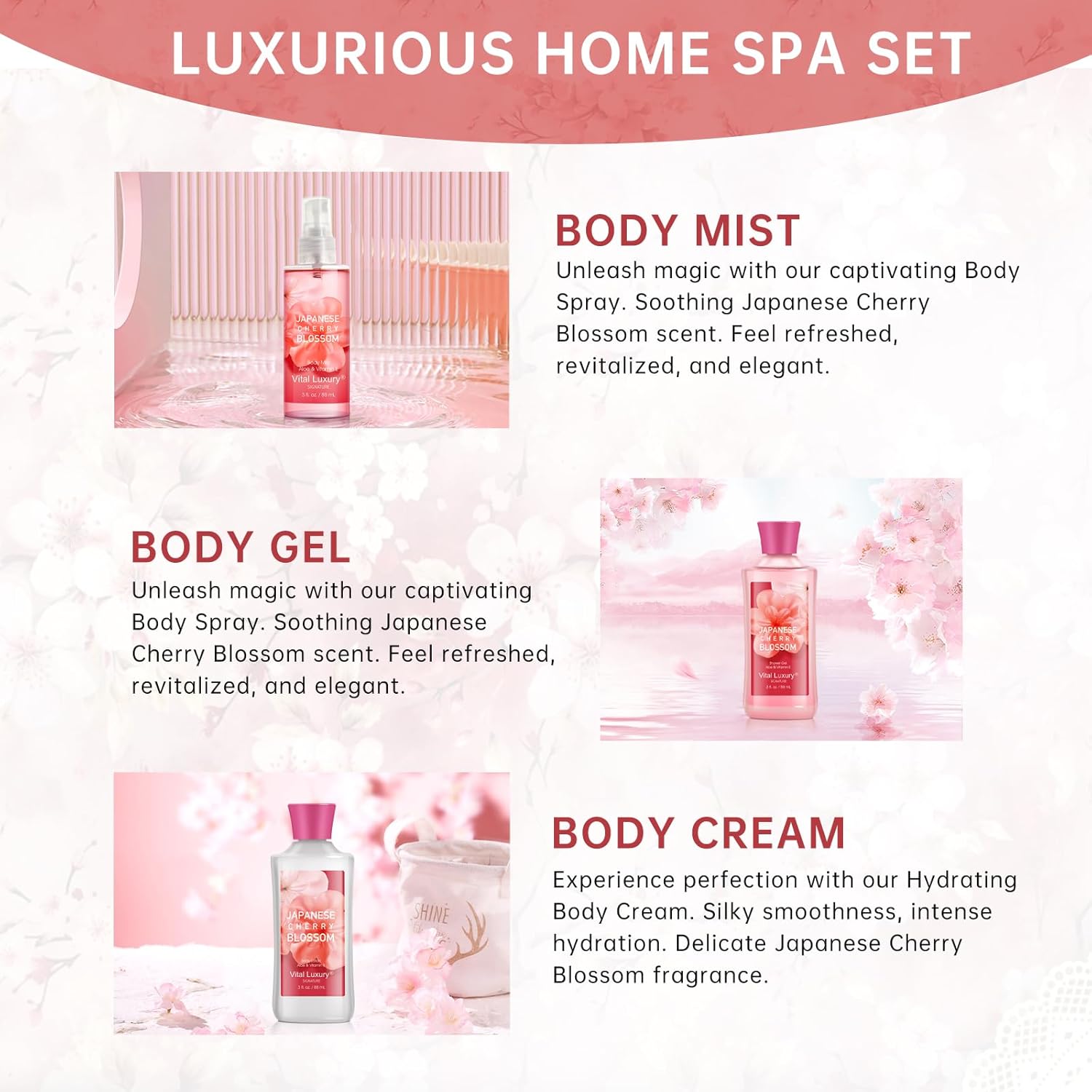 Japanese Cherry Blossom Bath and Body Gift Set for Women and Girls - Travel Size Spa Collection - Image 2