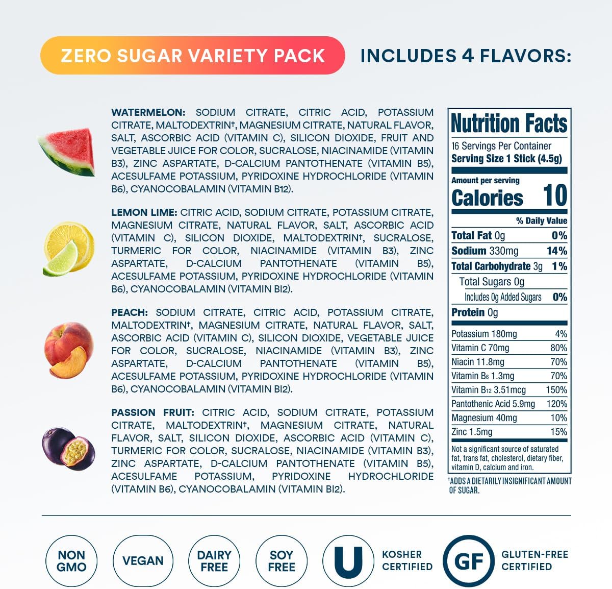 DripDrop Sugar Free Hydration Packets - Zero Classic Variety Pack - Single Serve Electrolytes Powder Drink Mix - Lemon Lime, Watermelon, Peach, Passion Fruit - Non-GMO, Gluten Free, Vegan - 16 Sticks - Image 5