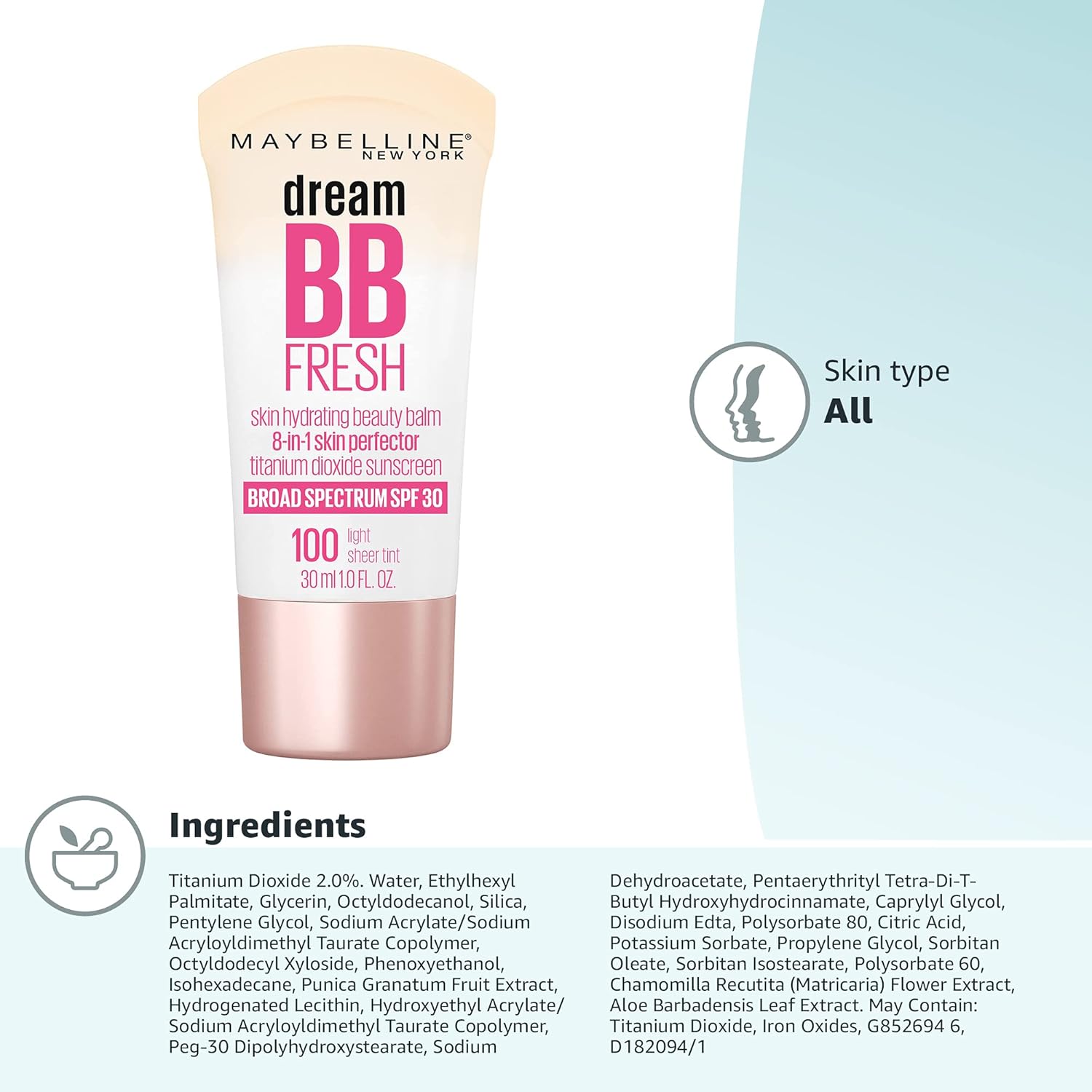 Maybelline Dream Fresh Skin Hydrating BB cream, 8-in-1 Skin Perfecting Beauty Balm with Broad Spectrum SPF 30, Sheer Tint Coverage, Oil-Free, Light, 1 Fl Oz - Image 8