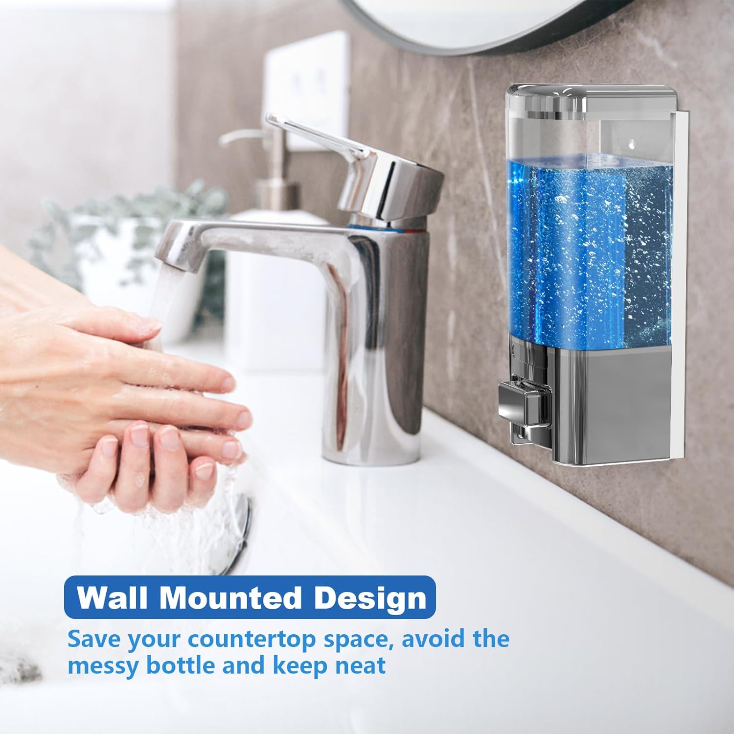 SVAVO Wall Mounted Soap Dispenser - Manual Kitchen Bathroom Hand Soap Dispenser with Anti-Leakage Nozzle Container for Liquid/Gel/Shampoo/Shower Gel/Lotion/Cleaner, 17fl.oz/500ml, Chrome&Clarity - Image 2
