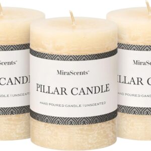 3x4 Inch Ivory Pillar Candles Set of 3 - Hand-Poured Unscented Candles, Long Clean Burning, Large Big Candles, Smokeless Dripless Candles for Dinner Table, Wedding, Home, Bathroom, Rustic Decor