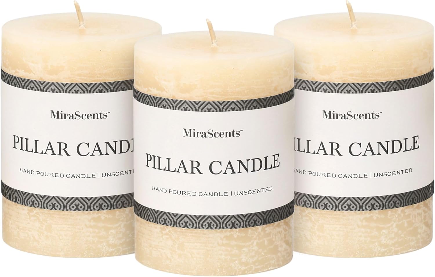 3x4 Inch Ivory Pillar Candles Set of 3 - Hand-Poured Unscented Candles, Long Clean Burning, Large Big Candles, Smokeless Dripless Candles for Dinner Table, Wedding, Home, Bathroom, Rustic Decor