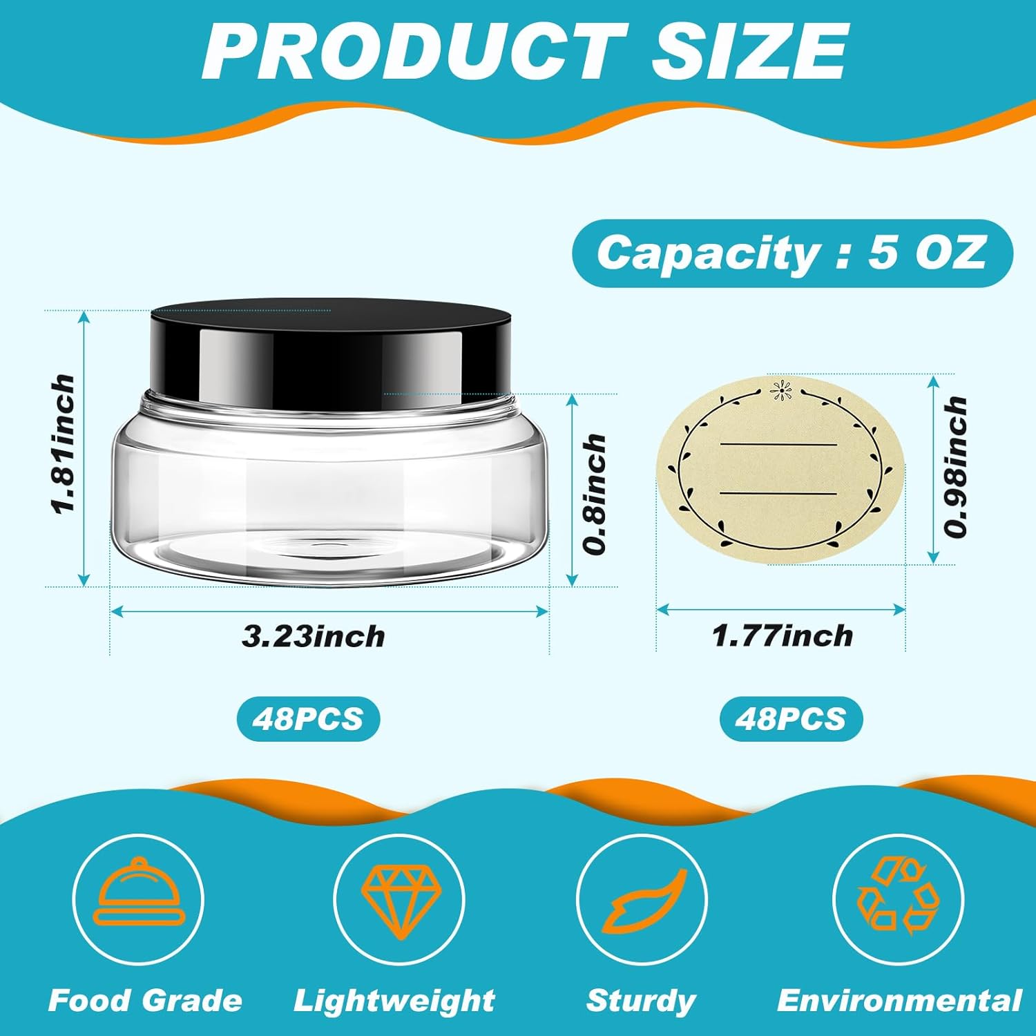 Tessco 48 Clear 5 oz Plastic Cosmetic Jars with Lids and Labels - Image 2