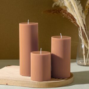 Ribbed Pillar Candles Set of 3, Width 3" High 4" 6" 8" Large Soy Wax Scented Pillar Candles Aesthetic Ribbed Modern Home Decor for Bathroom Living Room(Brown)
