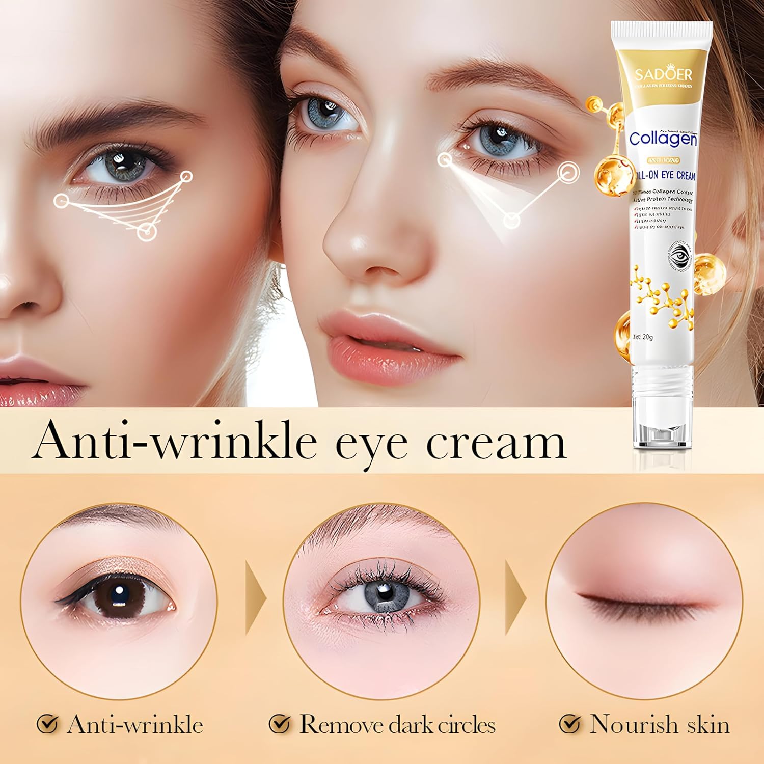 Age Correcting Eye Cream, Anti-Aging Hyaluronic Acid, Collagen & Caffeine Reduce Wrinkles, Dark Circles & Under Eye Puffiness, Lift, Firm & Brighten Eyes, Ice Roller For Under Eye Bags And Puffy Eyes - Image 7