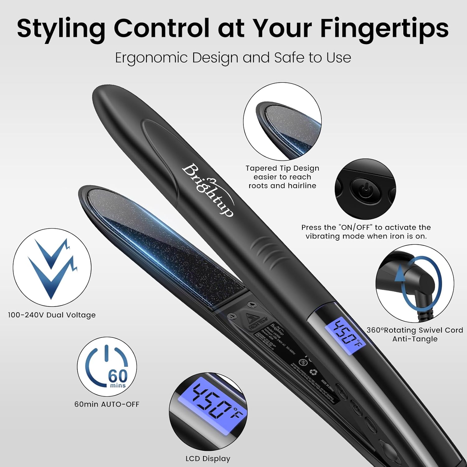 Brightup Tourmaline Ceramic Hair Straightener and Curler 2 in 1 with 1" Vibrating Plates, Ionic Flat Iron with 10 Temp Control/Auto Shut Off, 20S Fast Heating for Smooth Salon Results, Black - Image 8