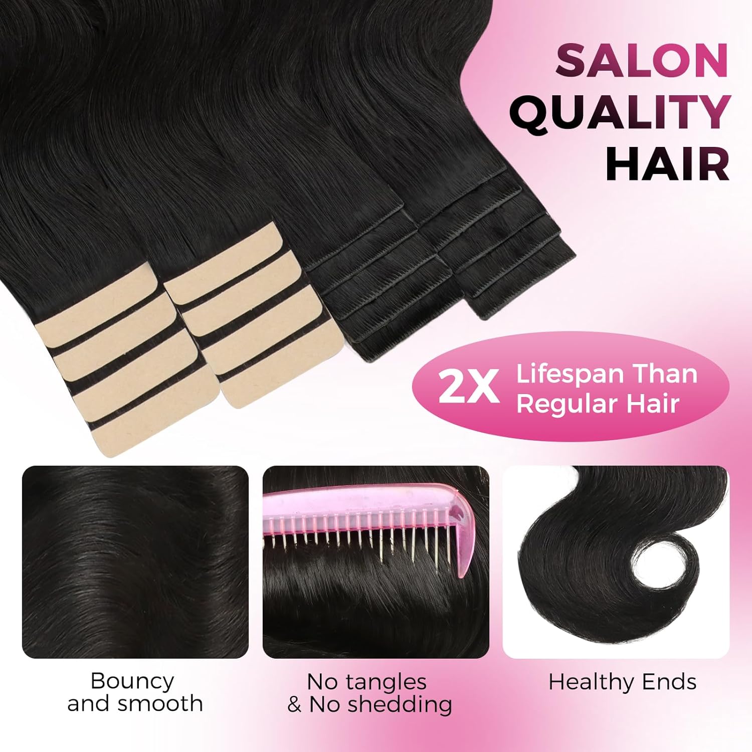 Lashey Invisi Edge Tape in Hair Extensions Human Hair, Natural Black 16 inch 50g Body Wave, 10pcs Injected with 10pcs Classic Tape ins, Real Virgin Human Hair Invisible Seamless Tape in Extensions - Image 7