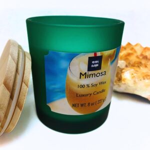 Mimosa Scented Soy Candle for Men and Women, 8 oz, Green Glass Container, Birthday and Holiday Gift, Odor Eliminator, Handmade