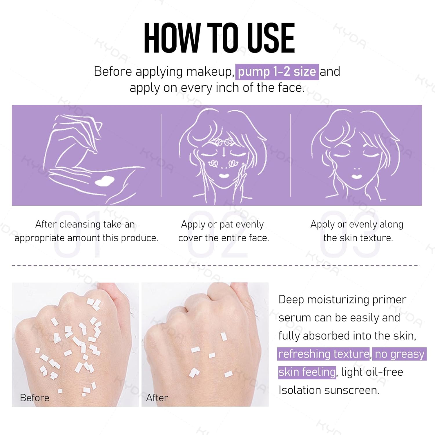 KYDA Color Correcting Facial Serum, SPF 50 PA+++, Moisturizing Makeup Primer, One Step Brightening Primer to Even Skin Tone, Oil Control Skin Corrector, Sheer Finish, Refreshing, Purple Pink Green - Image 6