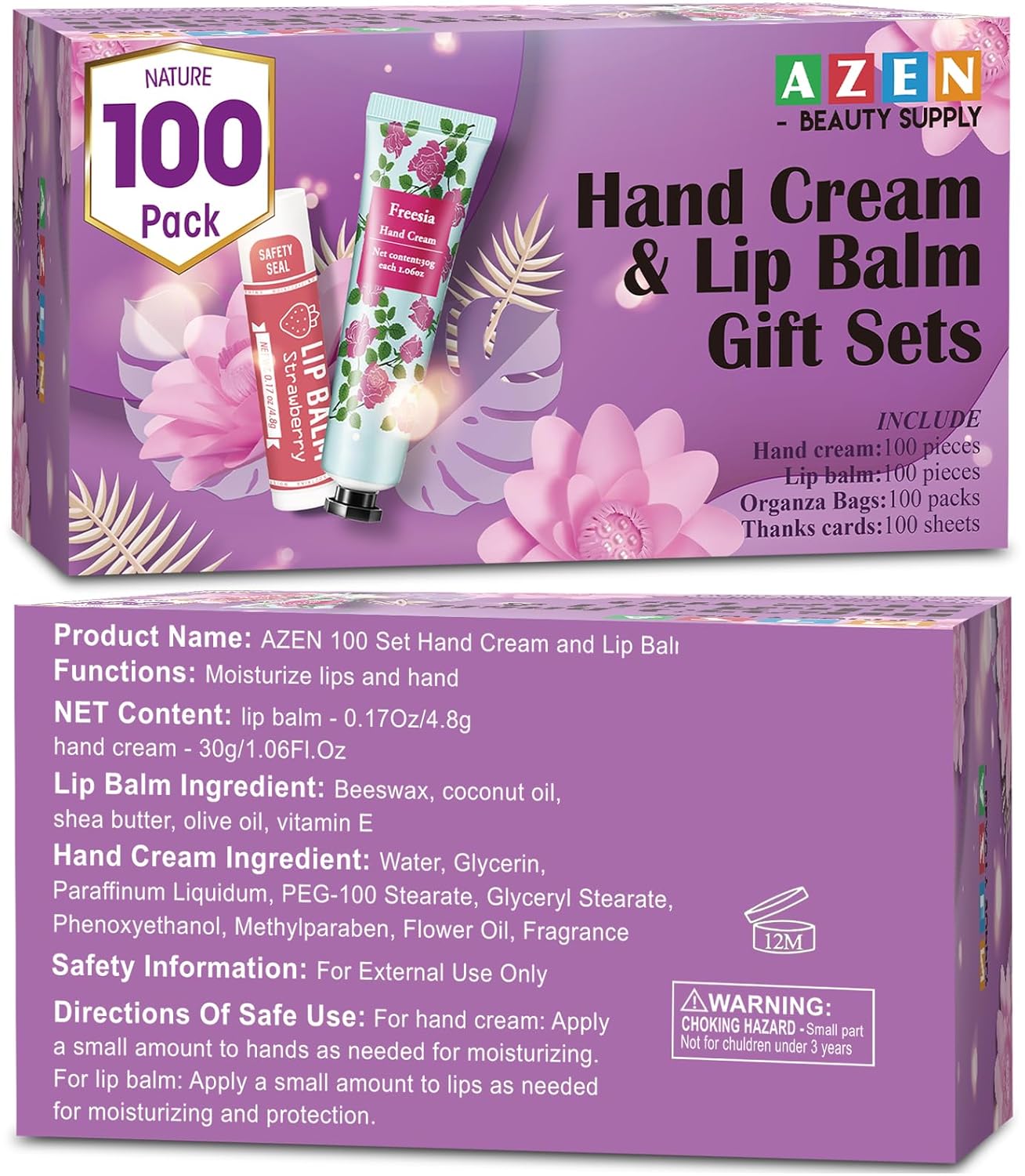 AZEN 100-Piece Hand Cream and Lip Balm Set with Organza Bag Thank You Card Guest Favors - Image 7