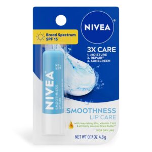 NIVEA Smoothness Lip Care, Sunscreen Lip Balm with SPF 15 Broad Spectrum, Shea Butter, Nourishing Oils and Vitamin C & E, 3-in-1 Moisture, Repair (for Dry Lips) and Sunscreen, 0.17 Oz Stick
