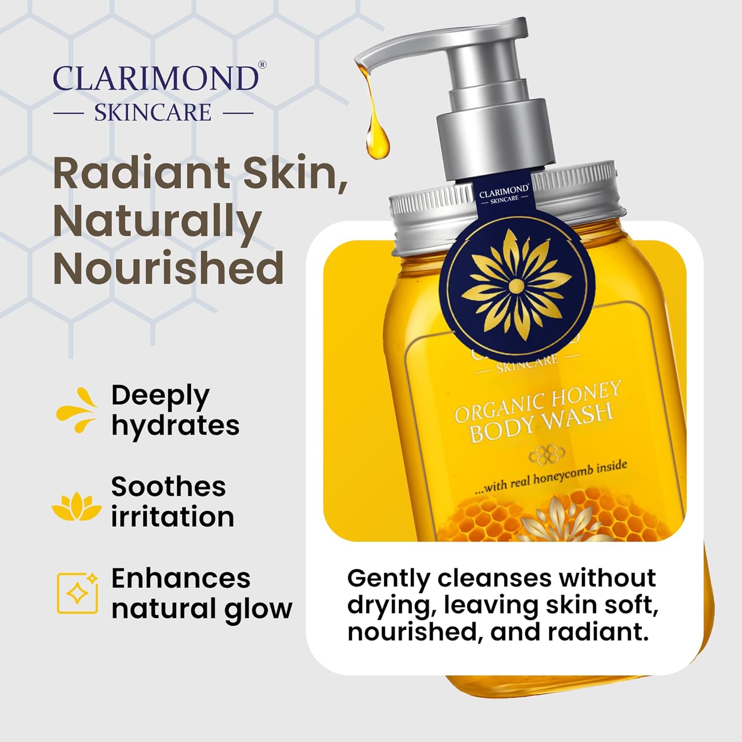 Clarimond Artisanal Honey Body Wash with Royal Jelly, Honeycomb & Propolis, Aloe Vera & Rosemary extract for Deep Nourishment & Rich Foaming Exfoliation, Paraben & Sulfate Free, - Image 3