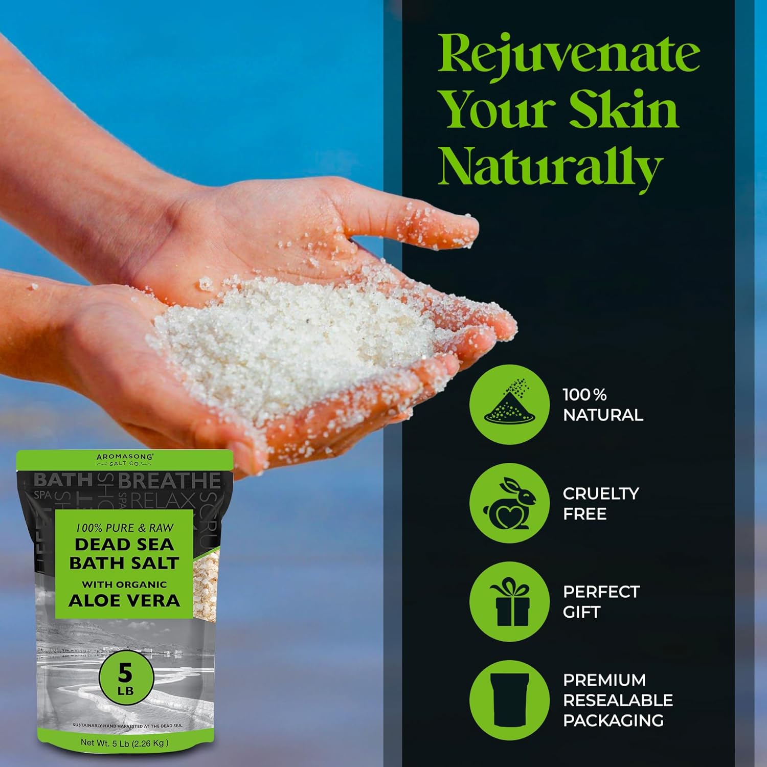 Aromasong 5 lbs Raw Dead Sea Salt with Organic Aloe Vera, not Cleaned, Still Contains All Dead sea Minerals Including Dead sea Mud, Fine Medium Grain Large resealable Bulk Pack (Packaging May Vary) - Image 5
