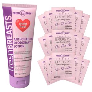 Fresh BREASTS Anti Chafing Deodorant Lotion to Powder for Women, 3.4oz and On-The-Go Travel Size Single .07oz - Anti Chafe Cream Whole Body Deodorant for Women (Pack of 15) No Talc or Aluminum