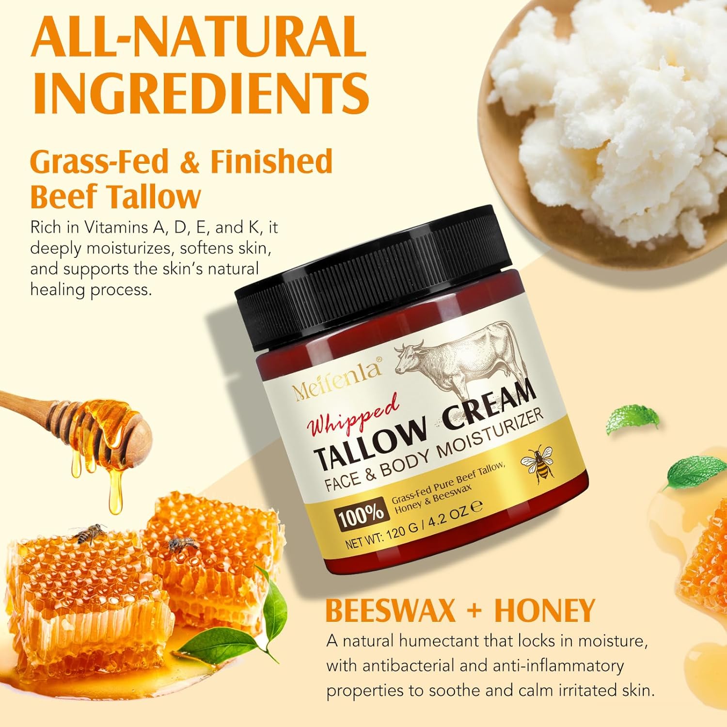 Beef Tallow for Skin, Tallow and Honey Cream Natural Tallow Face Moisturizer, Hydrating Beef Tallow Balm Deeply Moisturizing for Face & Body Skin Care - Image 3