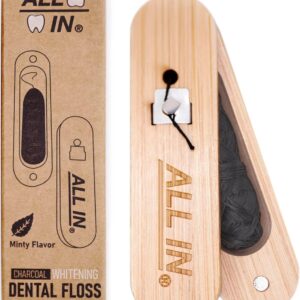 ALL IN Waxed Charcoal Floss with a Refillable Dental Floss Holder - Plant Based, No PFAS - Mint Floss for Effective Plaque Removal, Clean Teeth, Fresh Breath - 32 yd