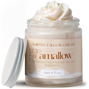 100% Grass Fed Beef Tallow for Skin Care - Face + Body - Whipped Moisturizer for Sensitive Skin - Natural Lotion, 4 FL. oz. (Unscented)