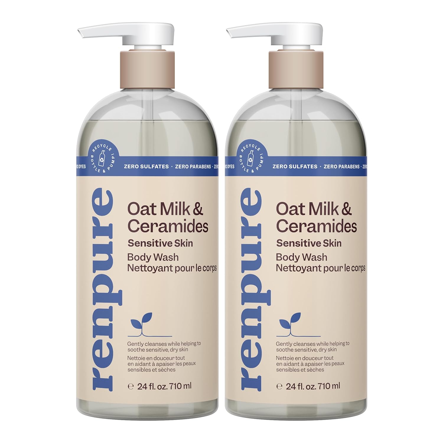 Renpure Oat Milk & Ceramides Body Wash - For Gentle Cleansing & Hydration - For Sensitive Skin - Oat Milk & Ceramides - 24 Fl Oz each, 2 Pack