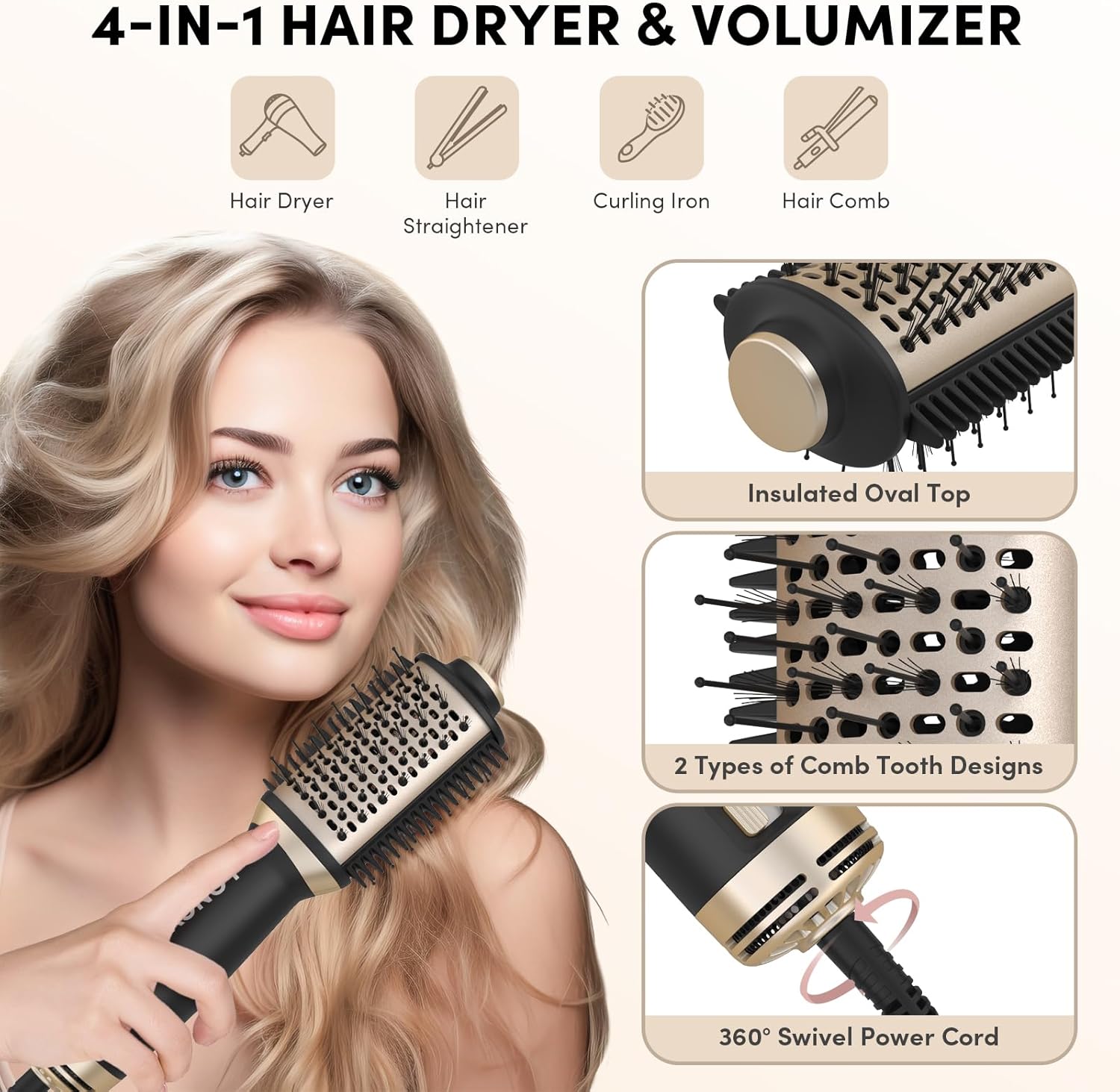 Black Travel Mini Hot Air Hair Dryer Brush Dual Voltage 110/240V Round Styler Tool - Image 6
