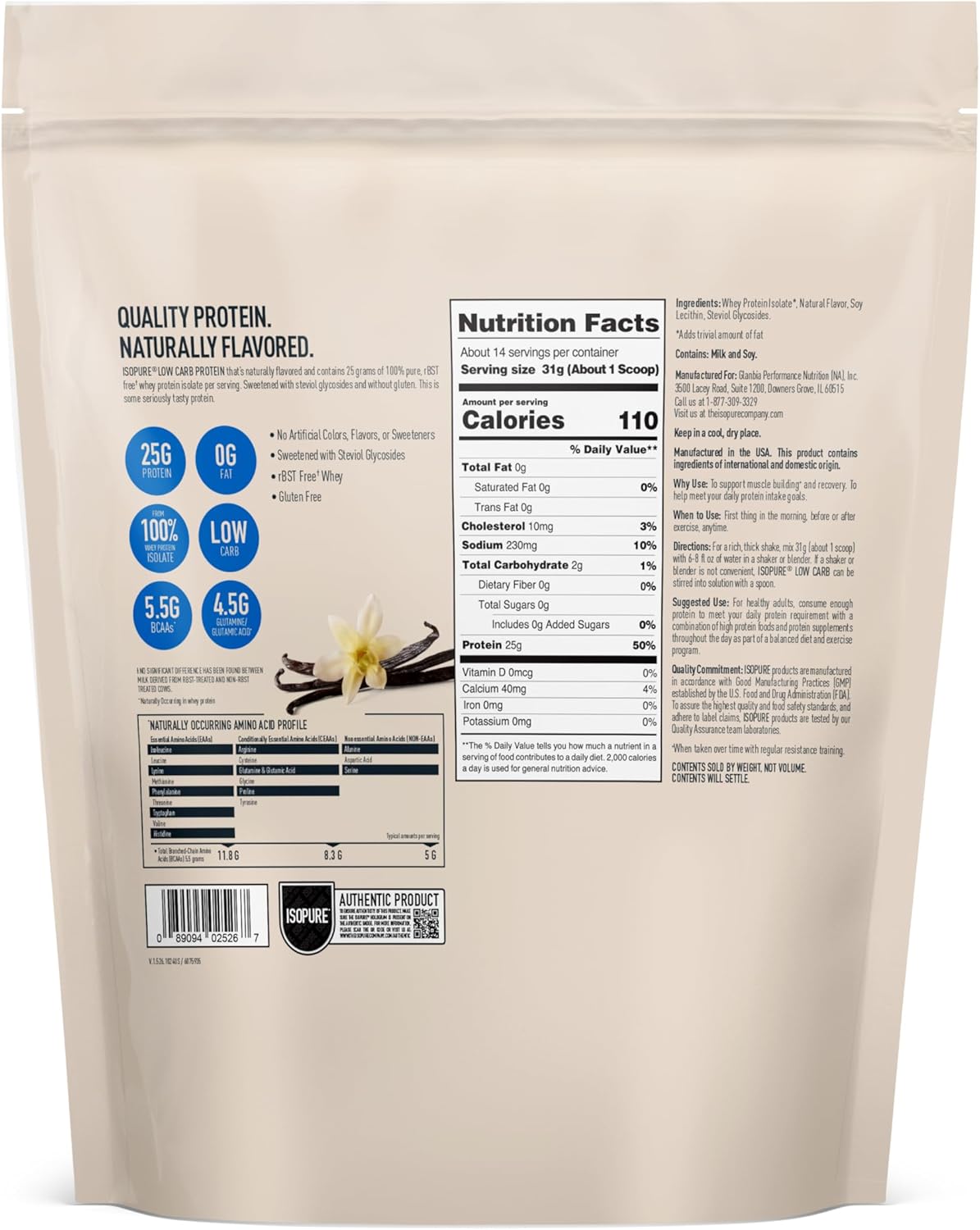 Isopure Vanilla Bean Low Carb Whey Protein Isolate Powder 1 Lb 14 Servings 25g Protein Lactose Free Gluten Free - Image 7