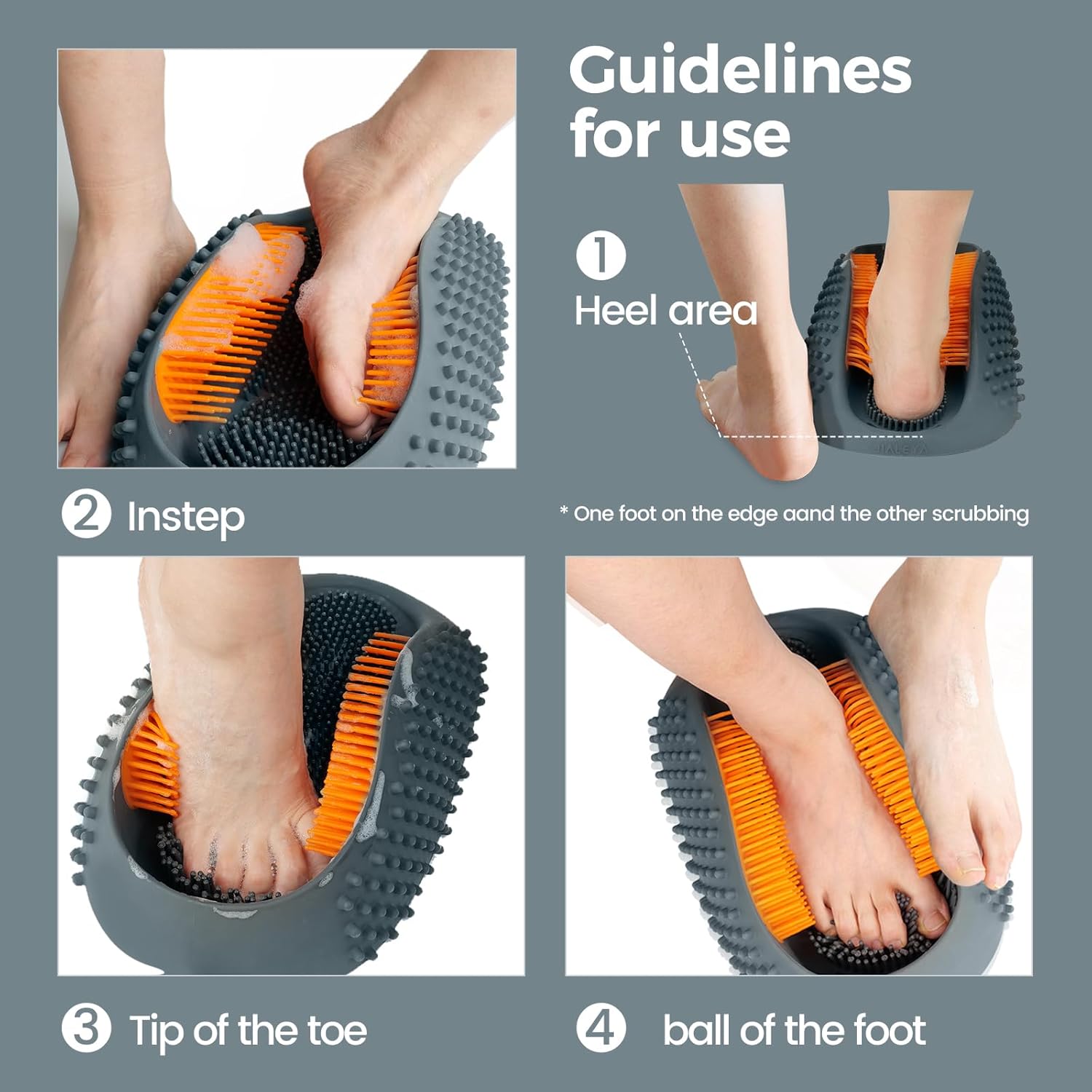 Lu-lala Shower Foot Scrubber - Portable Manual Foot Massager Cleaner Care for Soothe Feet Neuropathy Achy, Improve Foot Circulation - Wet and Dry use, Fits Plus Size Feet (Gray-Orange) - Image 4