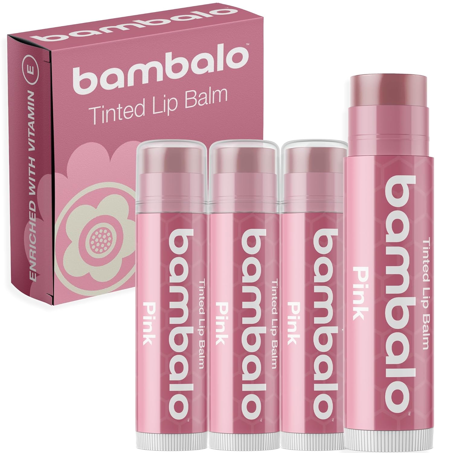 Tinted Lip Balm Pink – Bambalo 4-Pack Hydrating Moisturizing Lip Care – Soft Rosy Tint – Natural & Organic Ingredients – Easy Wear, Everyday Color – Made in USA
