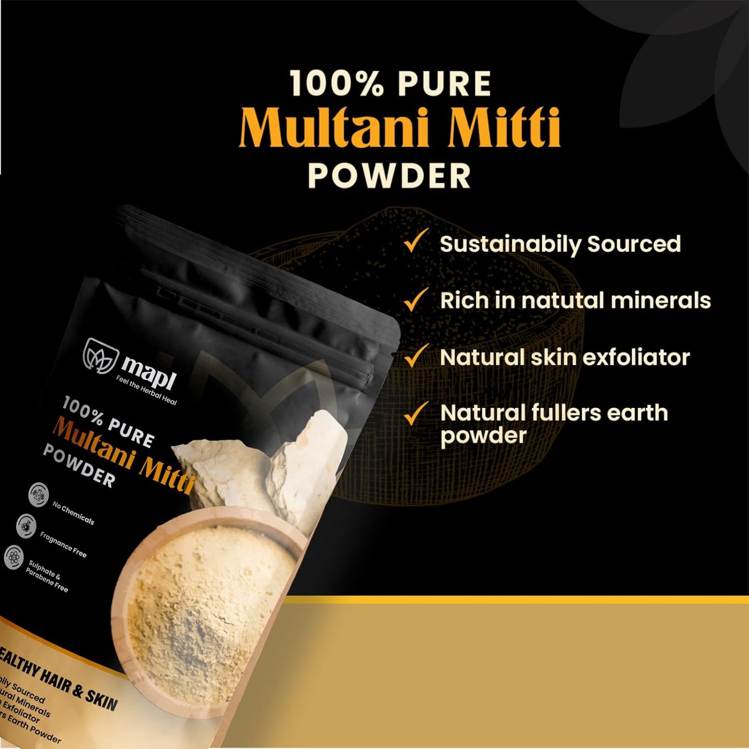 MAPL Multani Mitti Powder Fuller's Earth Clay | 100% Healing Clay for Skin Cleansing, Face Masks, Body Scrubs | Natural Calcium Bentonite Clay | Herbal Face Pack for All Skin Types | 7.05 oz (200g) - Image 5