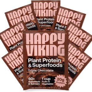 Happy Viking Triple Chocolate Plant Protein Powder, Created by Venus Williams, 20G Protein, Low Carb, Keto, Vegan, Gluten-Free, Non-GMO, Superfoods, Complete Meal Replacement, 8 Single Serve Packs