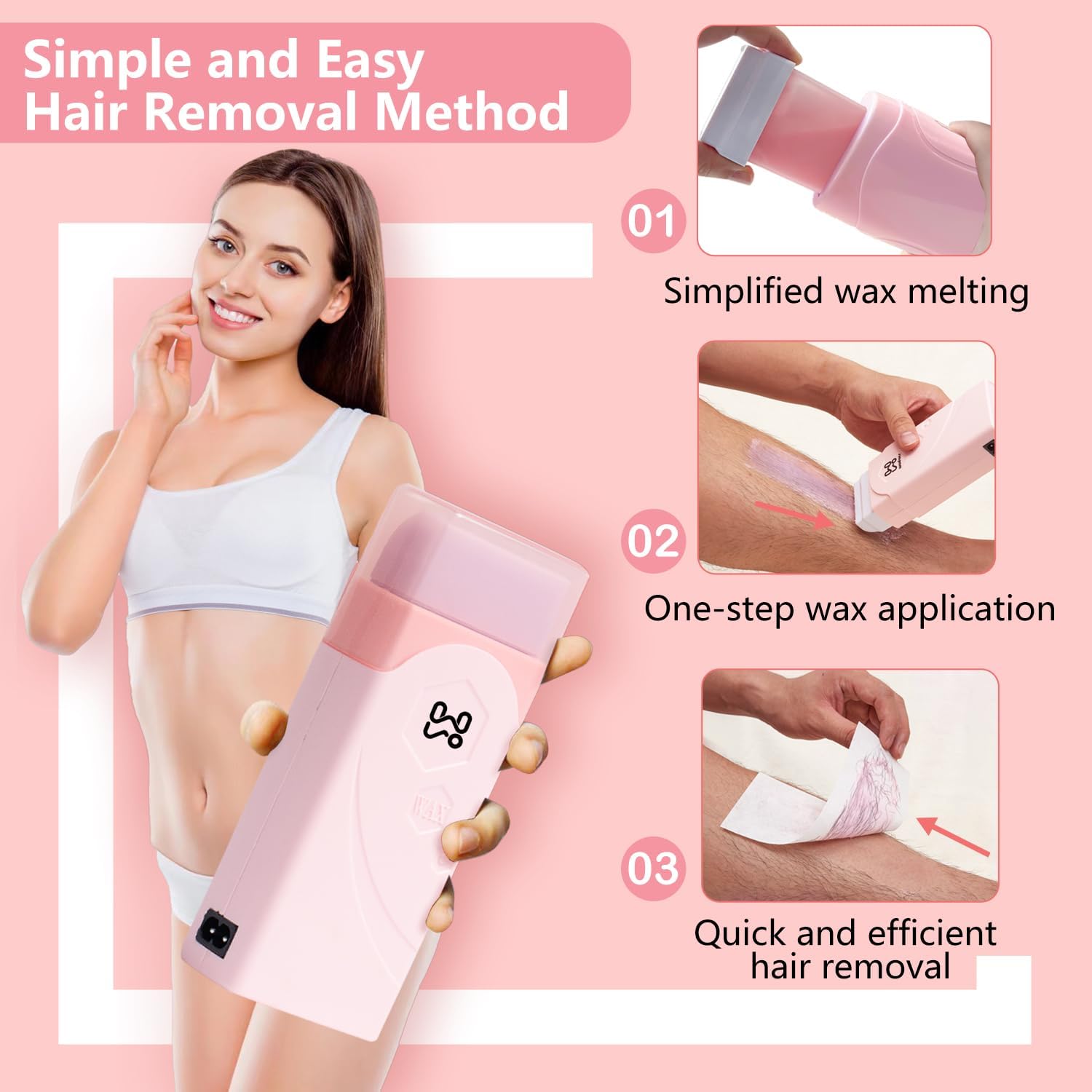 Roll On Wax kit,Waxing Kit for Women, Wax Roller, Roll On Wax Warmer for Hair Removal,at Home Waxing Kit for Women men,Soft Wax Heater for Larger Areas of the Body(pink) - Image 3