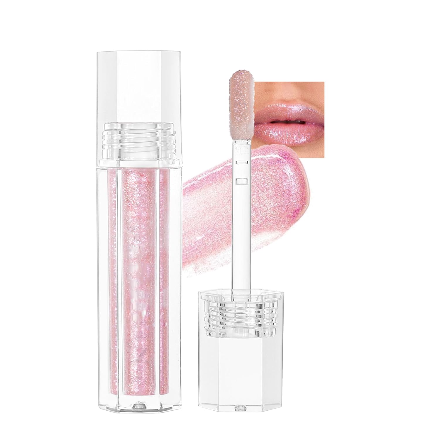 Shimmery Glitter Lip Oil Gloss, 6 Colors Vegan Liquid Lipstick Plumping Lip Oil, Syrupy Gloss, Non Sticky Long Lasting, Non-Drying & Moisturizing High Shine Lip Glow for All Skin Tones, #02