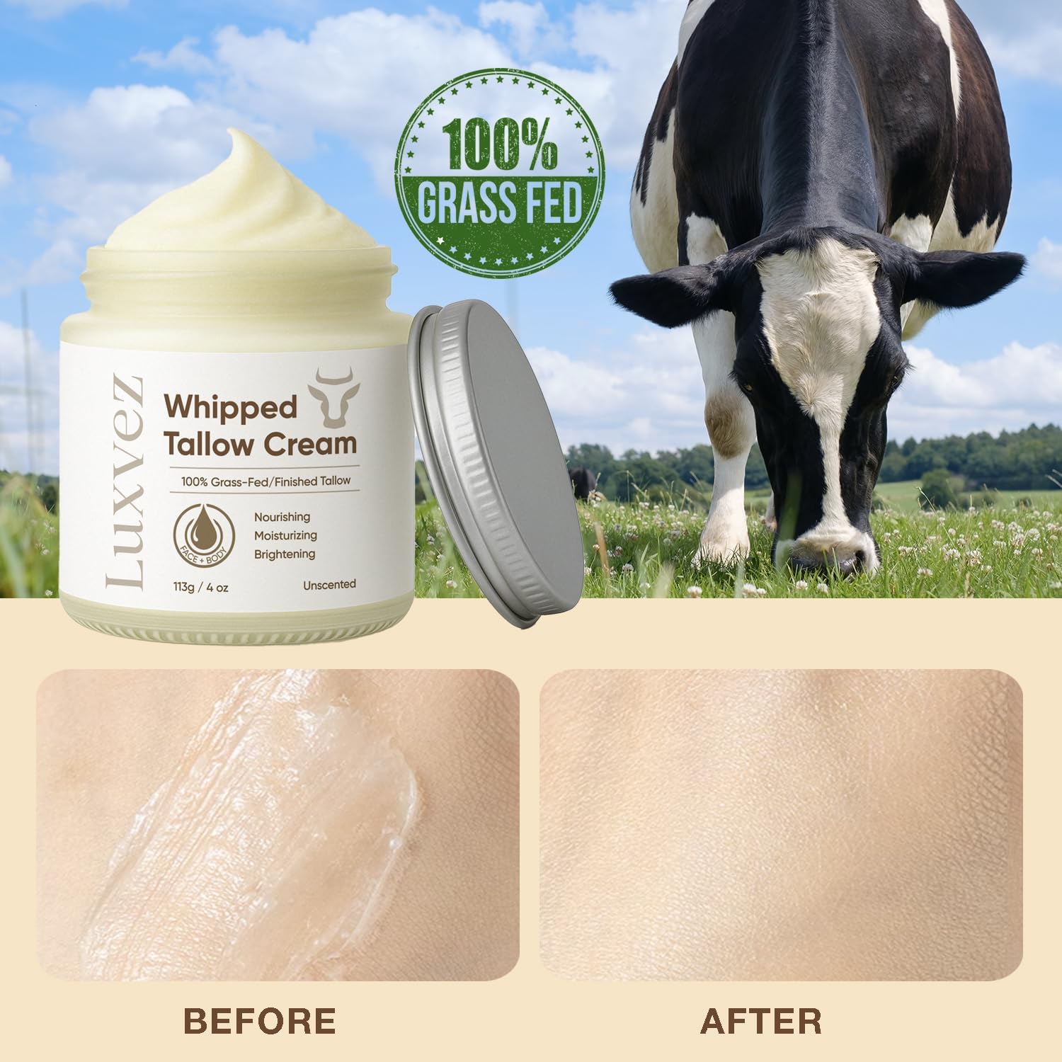 Beef Tallow Face Cream: Unscented 100% Grass-Fed Whipped Tallow Based Skincare - Nourishing Barrier Repair Balm for Dry Skin – 4oz - Image 2