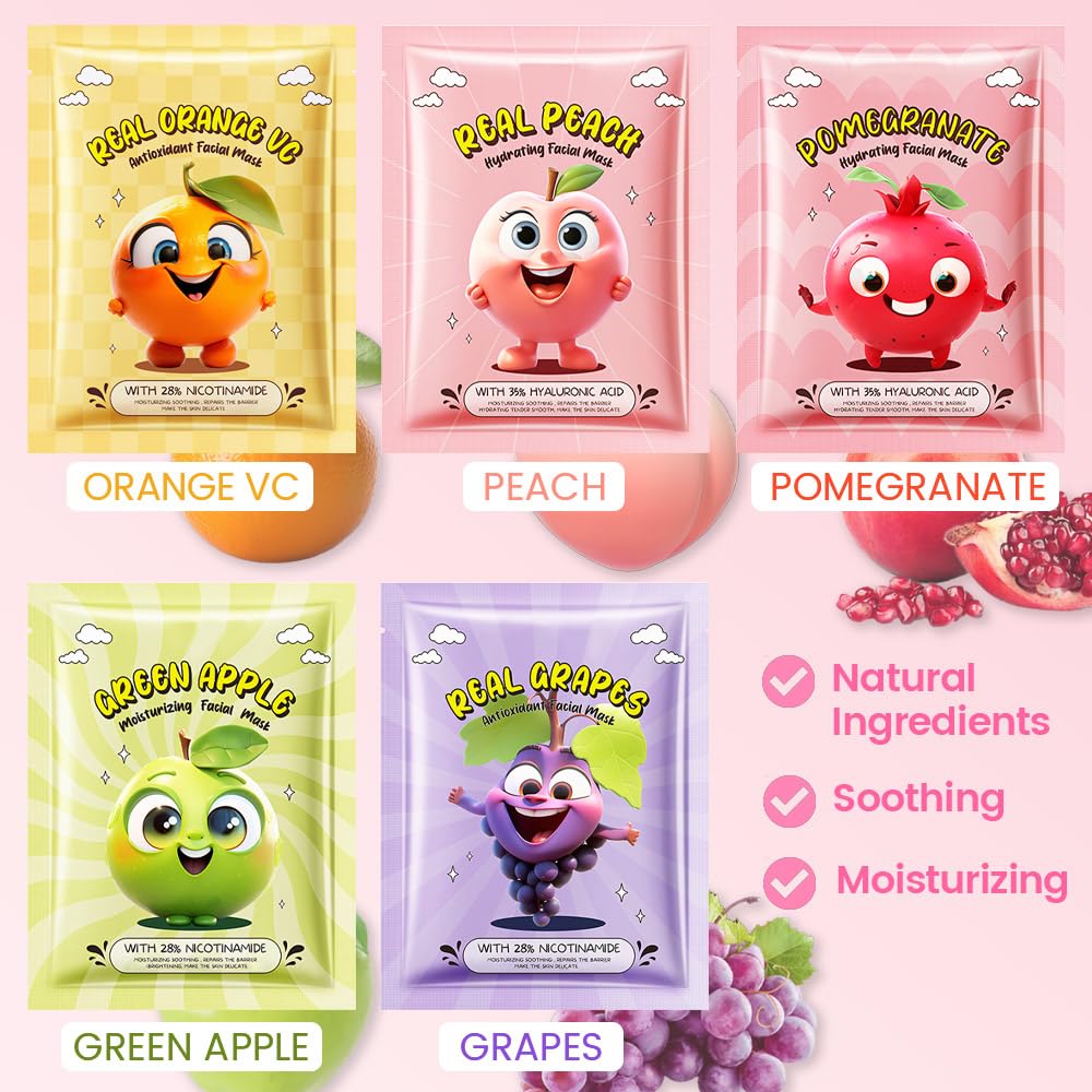 Kaely 10 Pack Fruit Face Masks for Kids, Kids Face Mask Spa Day kit Supplies, Spa Party Favors for Teens Girls Women, Sheet Facial Mask Skincare Gifts Set, Moisturize Soothe for All Skin Types, 01 - Image 3