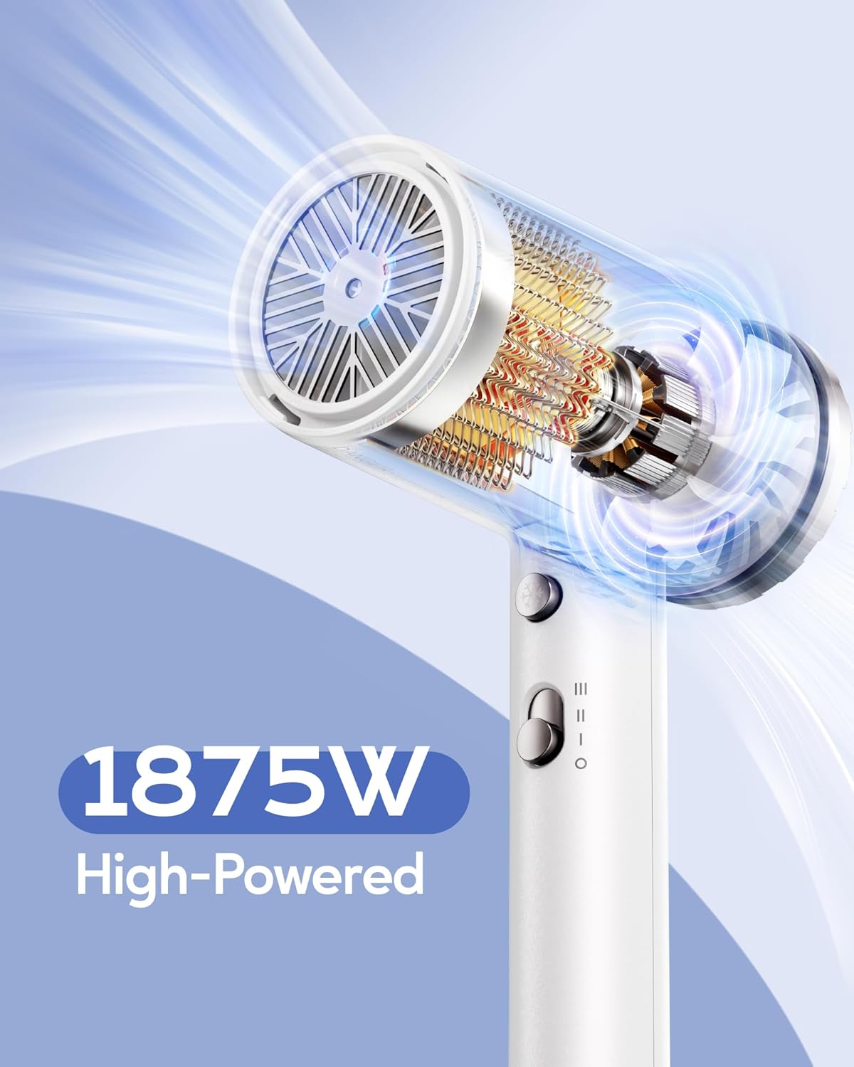 Wavytalk 1875W Ionic Lightweight Professional Hair Dryer White with Diffuser and Concentrator Attachment - Image 2