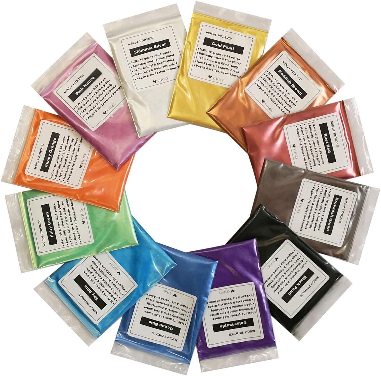 VITARIE Mica Powder Pigment Set 12 Colors 10g/0.35oz Each for Epoxy Resin,Soap Making,Nail Polish, Bath Bombs, Candle Making