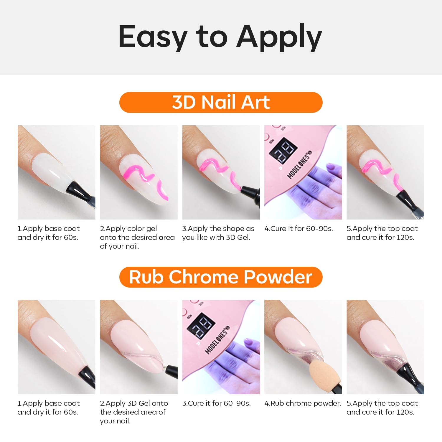 Modelones 3D Nail Gel Art, Sculpting Gel Glue for Molding, Drawing, Nail Charms & Gems, Chrome Powder and Rhinestone Design No Wipe, U V Light Cured Salon & DIY Use - Image 7