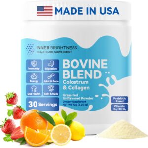 Bovine Colostrum & Collagen Powder for Gut Health, Immune Support, Hair Growth & Beauty Supplement, Sugar Free – IgG, Probiotics, Vitamin B12, C, D3 – Unflavored, 30 Servings