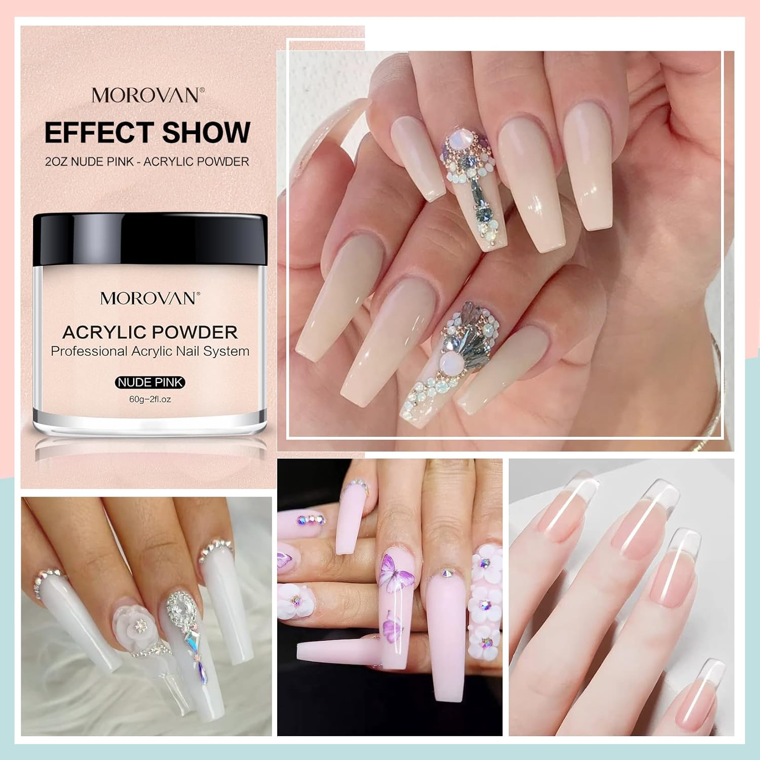 Morovan 4 Color Acrylic Nail Powder Set Clear Nude Pink White for Nail Art - Image 4