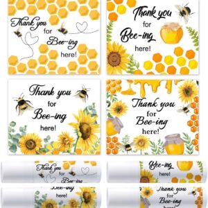 OLYCRAFT 100Pcs 4 Styles Bee Lip Balm Labels Stickers 2.1x1.7 inch Self-Adhesive Favor Lip Balms Bee Honeycomb Stickers with Thank You Words for Lipstick Wrapping Decorations Birthday Party Supplies