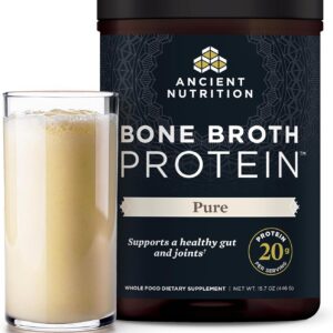 Ancient Nutrition Grass Fed & Cage Free Bone Broth Protein Powder, 20g Protein Per Serving, Hydrolyzed Collagen Peptides, Glucosamine, Chondroitin, Supports Joint & Gut Health, Pure, 40 Servings
