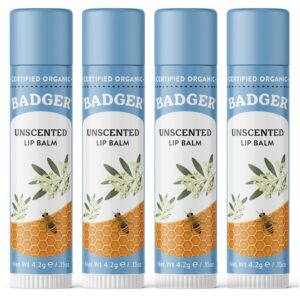 Badger Unscented Classic Lip Balm, 100% Organic Lip Balm for Sensitive Lips, Long Lasting Lip Moisturizer w/Light Silky Texture, 4 Pack