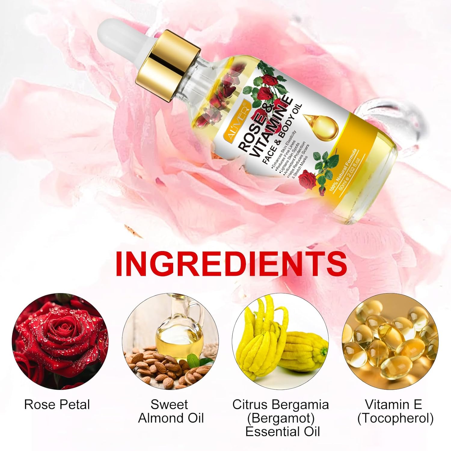 Rose Oil for Face with Rose Petal Flower, Organic Vitamin E Oil for Anti-aging, Scars & Stretch Mark, Gua Sha Face Oil, Natural Massage Body Oil Scented for Dry Skin, Scalp and Nail - 60ml - Image 5