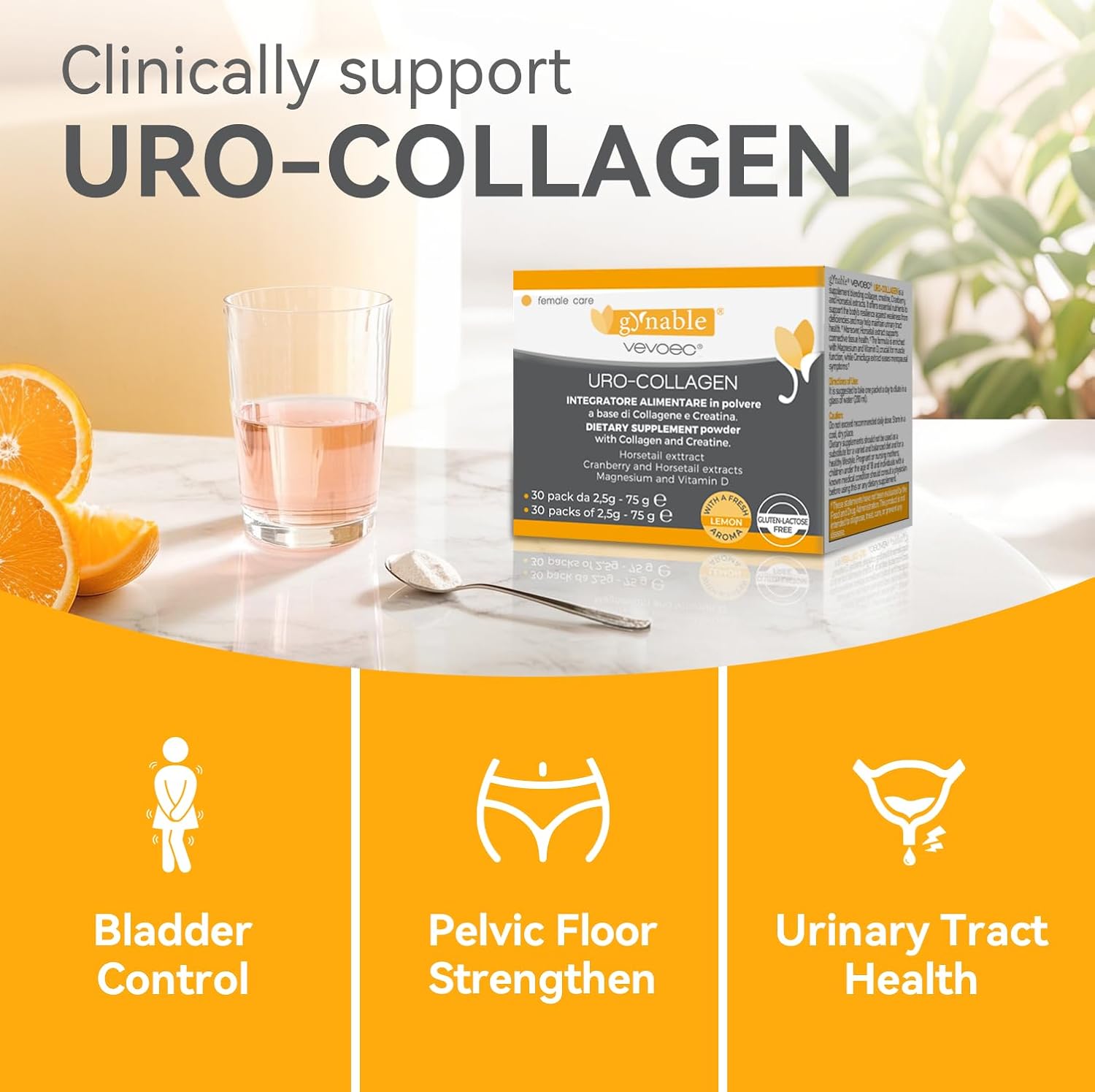 Gynable UROCollagen,Bladder Control Supplement for Women,Urinary Tract Health, Strengthen Pelvic Floor Muscles,Urinary Leakage,Female Care,with Creatine,Natural Lemon Flavored - Image 2