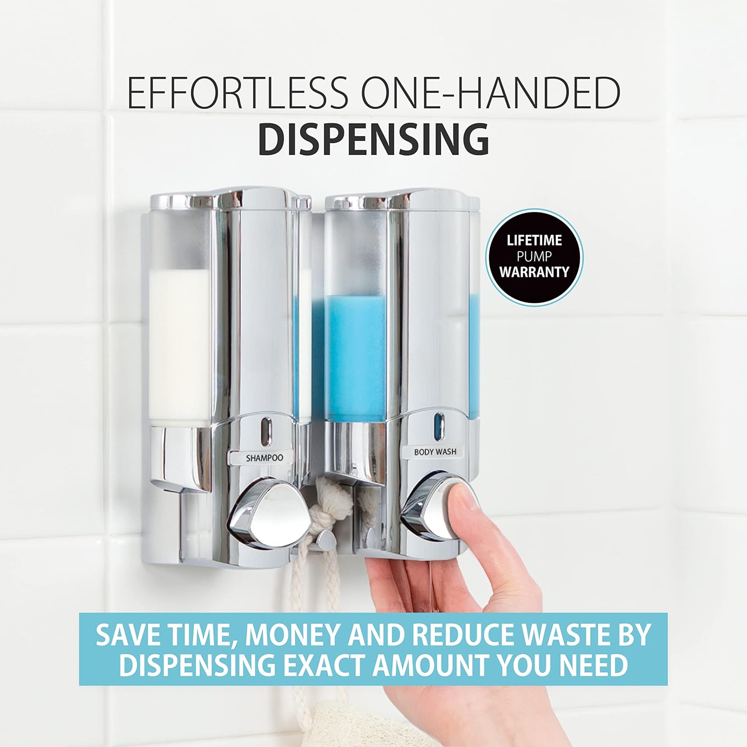 Better Living Products 76335-1 Aviva 3 Chamber Wall Mount Soap and Shower Dispenser, Satin SilverChrome & Products 76245-1 Aviva Two Chamber Dispenser, Chrome - Image 7