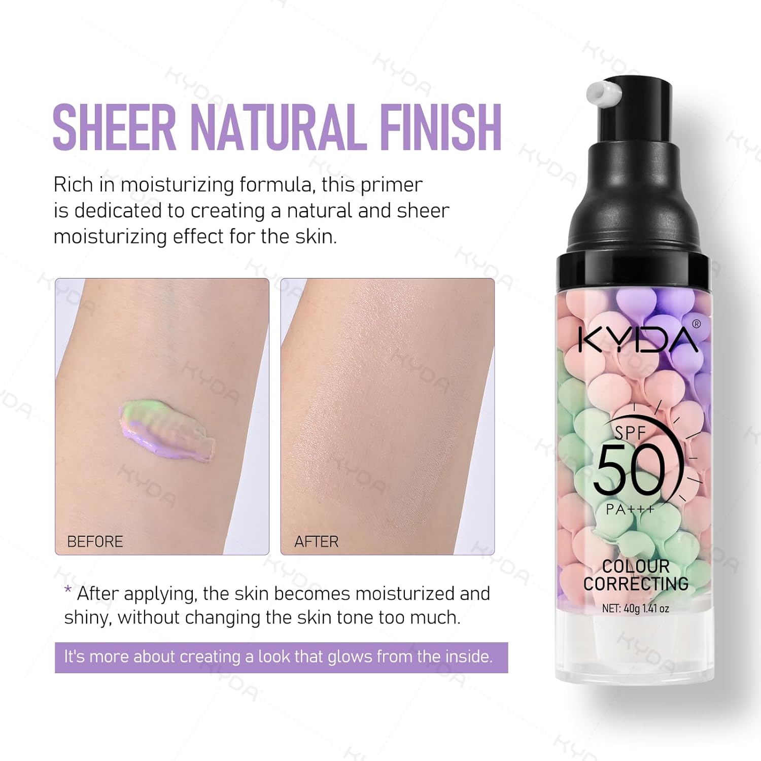 KYDA Color Correcting Facial Serum, SPF 50 PA+++, Moisturizing Makeup Primer, One Step Brightening Primer to Even Skin Tone, Oil Control Skin Corrector, Sheer Finish, Refreshing, Purple Pink Green - Image 4