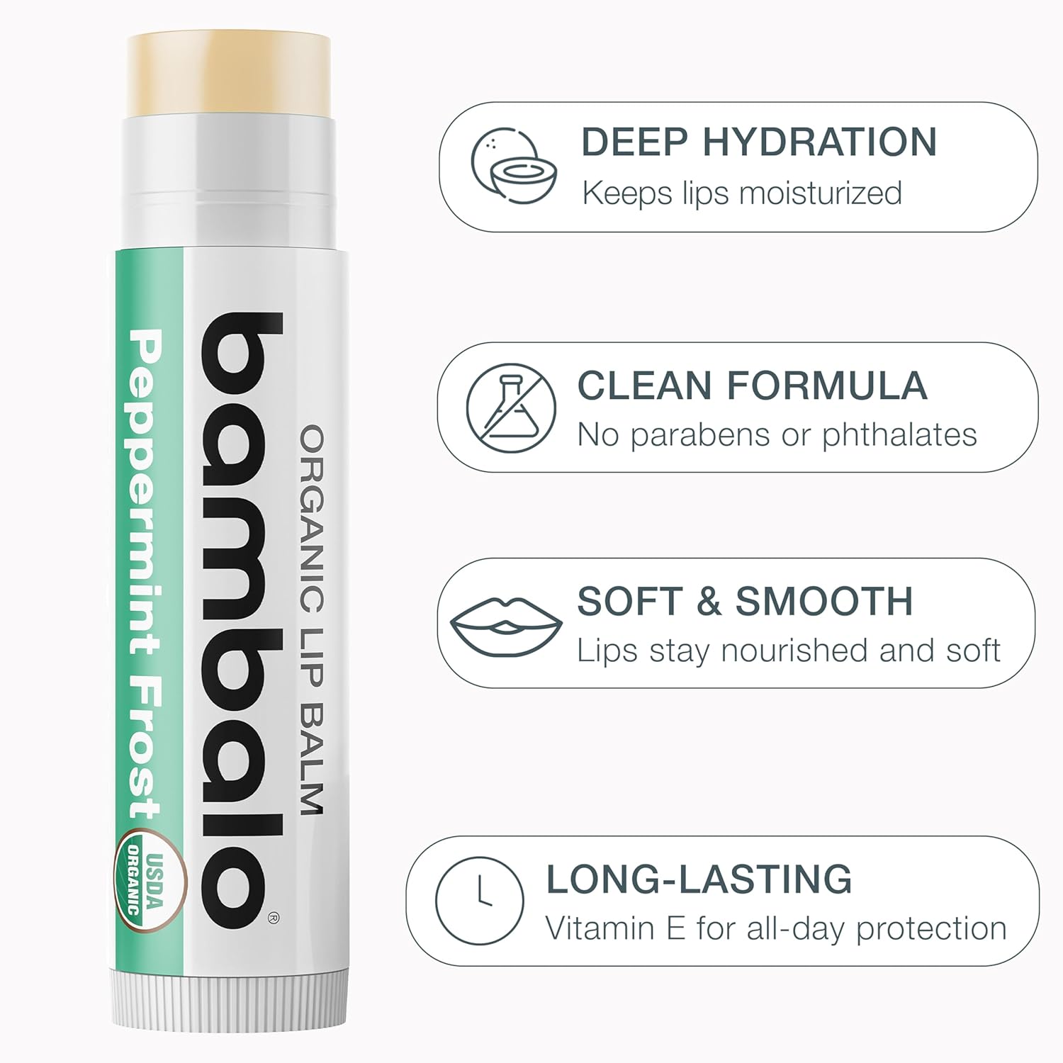 Bambalo USDA Organic Peppermint Lip Balm 4-Pack with Beeswax and Coconut Oil for Dry Lips - Image 2